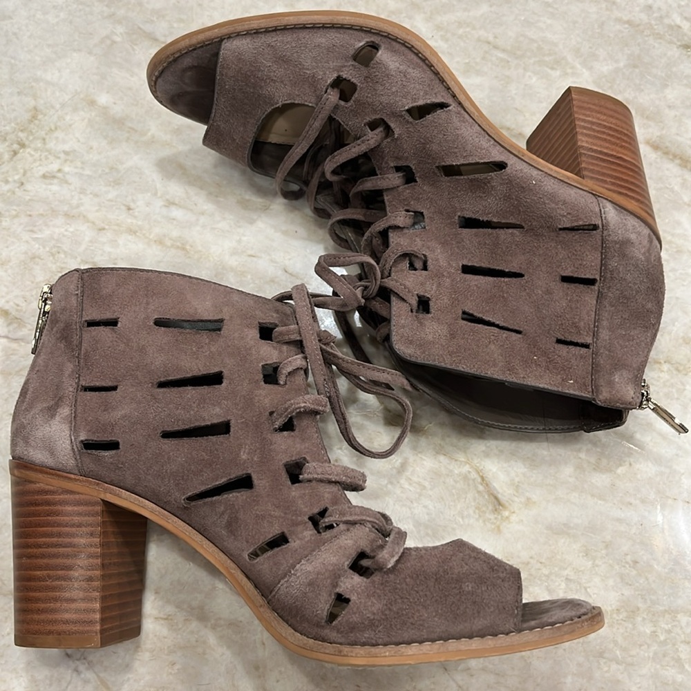 Vince Camuto | Tressa Perforated Lace-Up Heel Sandal | Taupe | Women's 8.5 - Picture 2 of 12